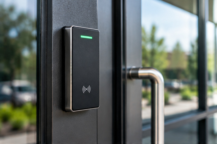 Access control card reader beside a commercial door