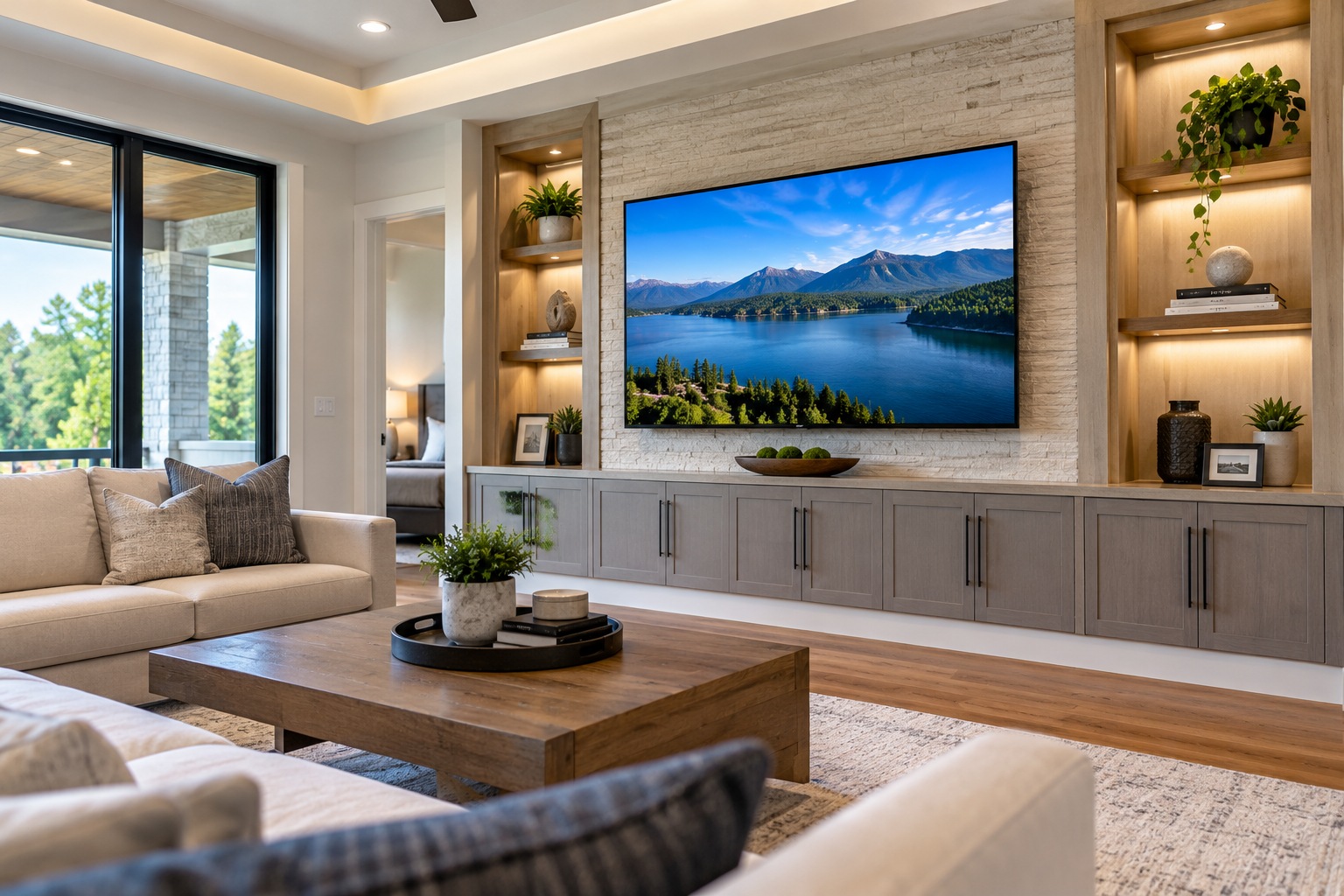 Finished TV wall in a new home with no visible wires